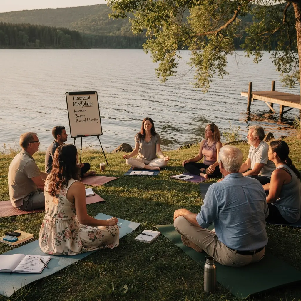 Ilustrace peněz a mincí vedle knihy o finančním plánování