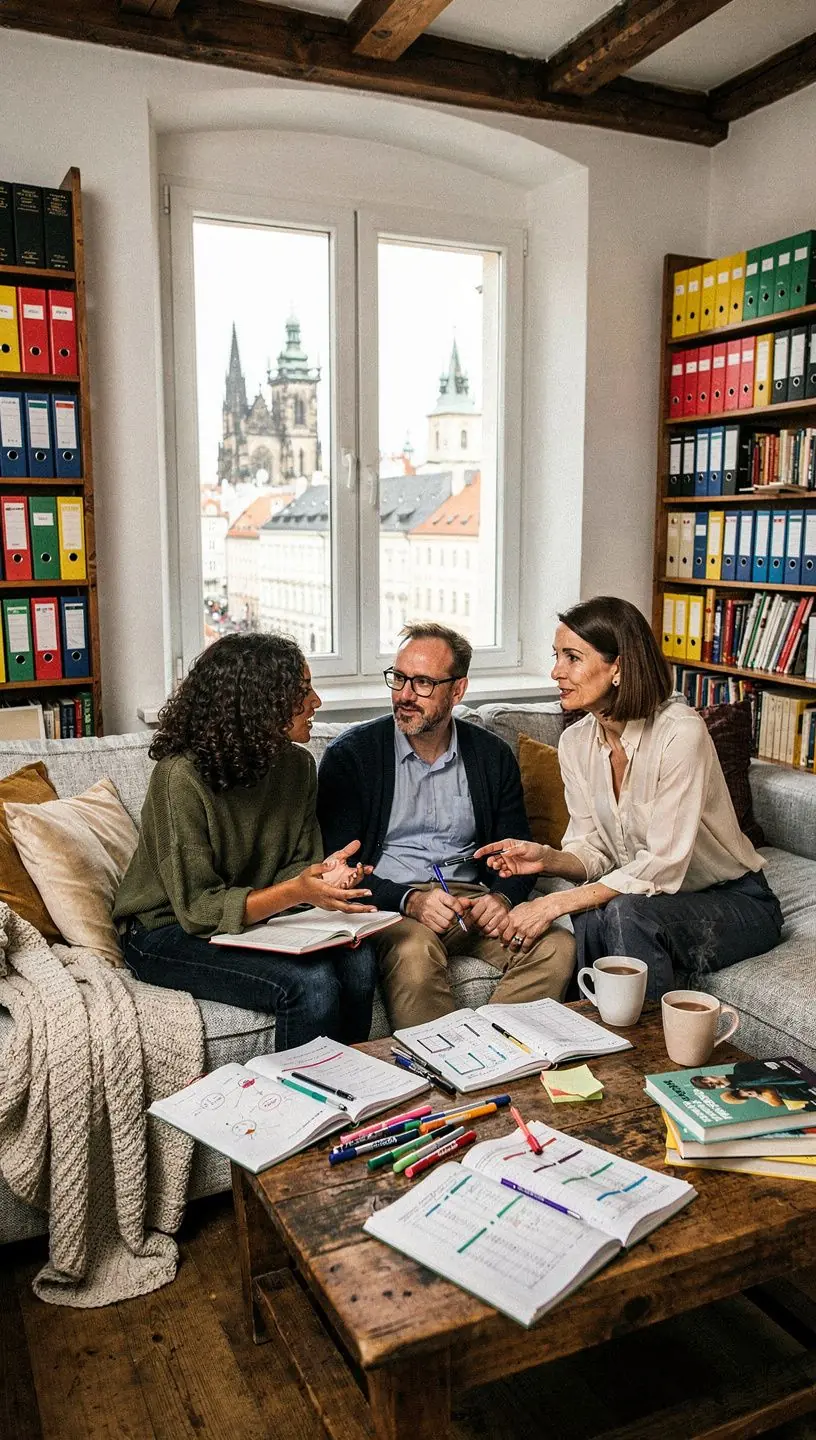 Detailní záběr na otevřenou knihu s poznámkami a plánovacími strategiemi.